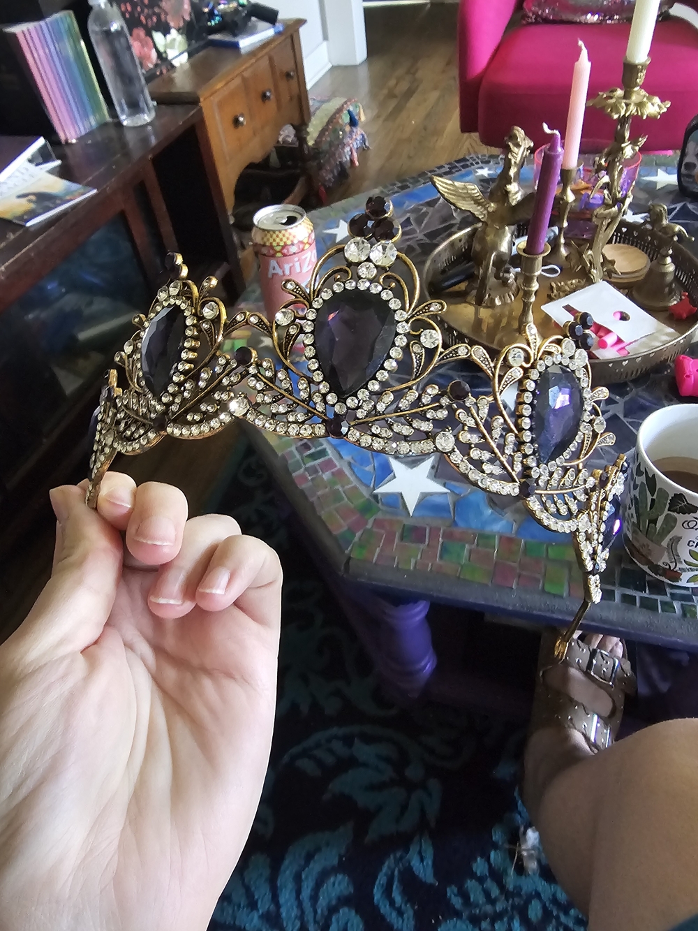 Gold Filigree Tiara Headband with Purple Gemstones